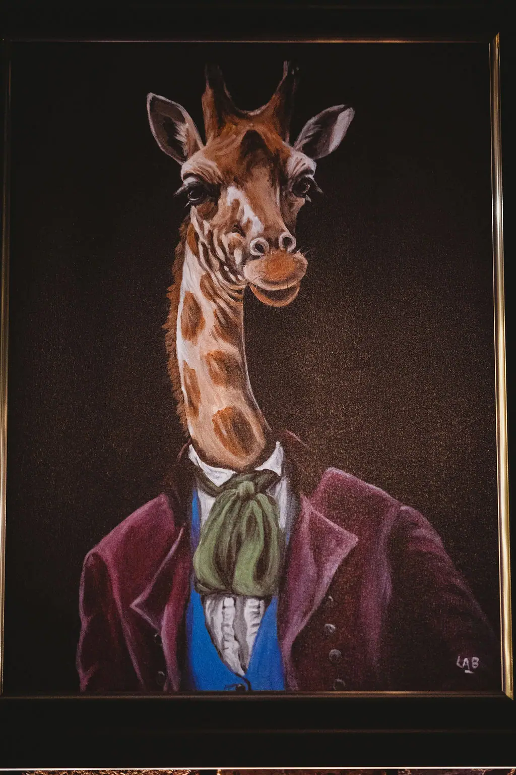 Painted portrait of a giraffe in a plum velvet jacket and green cravat